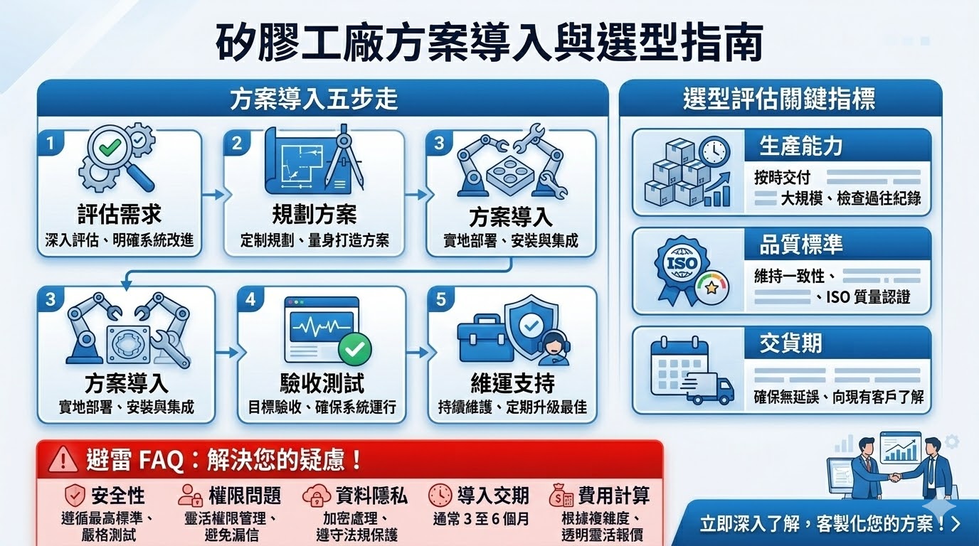 矽膠工廠提供專業的矽膠製品製造與定制服務，涵蓋各種工業應用，從電子、醫療到汽車領域。這些工廠利用先進的生產技術和高品質的原材料，為客戶提供高性能且符合需求的矽膠解決方案。選擇合適的矽膠工廠不僅能提高產品的品質與生產效率，還能確保交貨準時與成本效益，對於需要大量定制化生產的企業尤為重要。